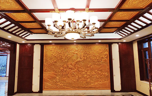 新疆中式别墅客厅中式木作横梁吊顶装饰展示